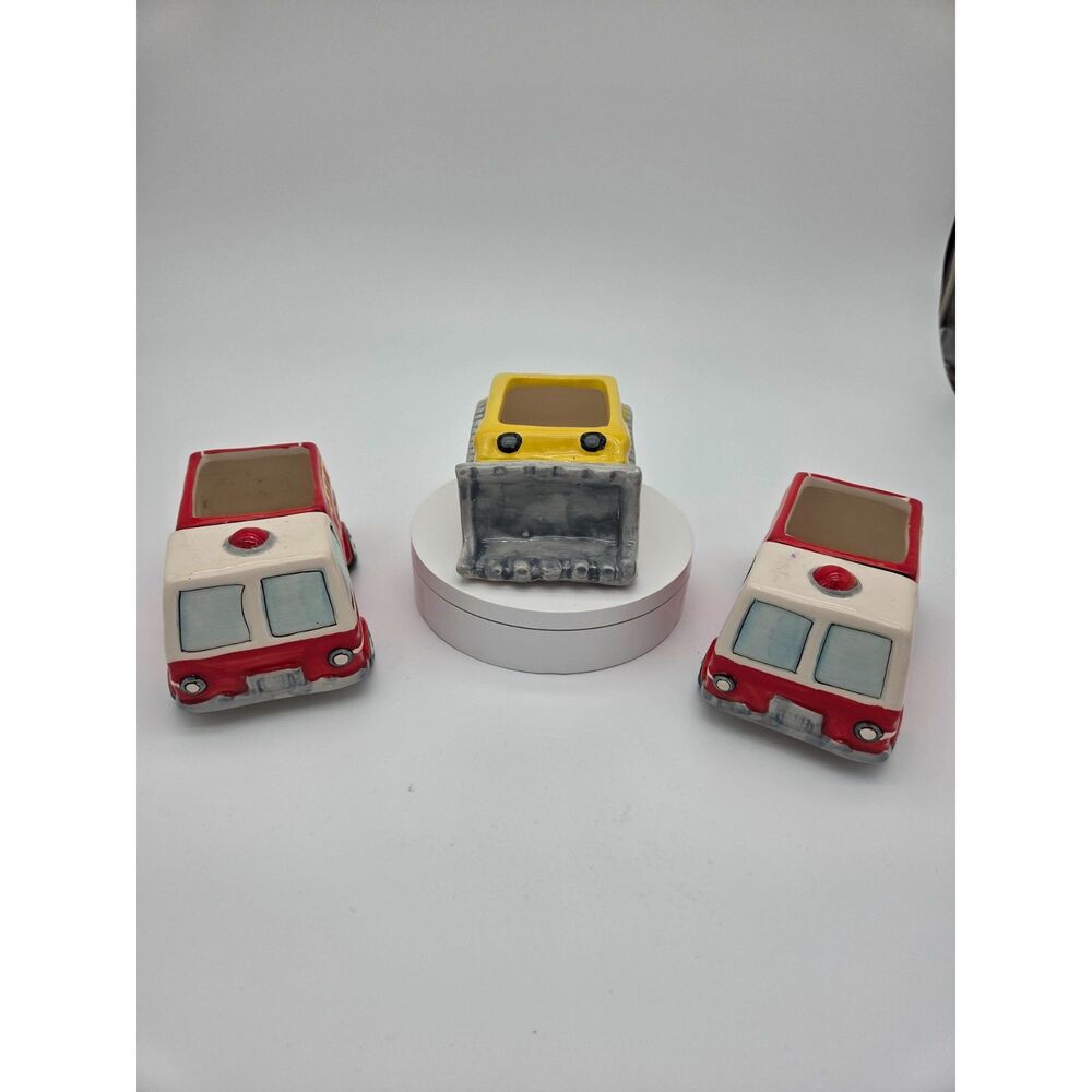 Napco Ceramic Vehicle Planters Set Fire Truck Ambulance Loader Hand Painted Vtg